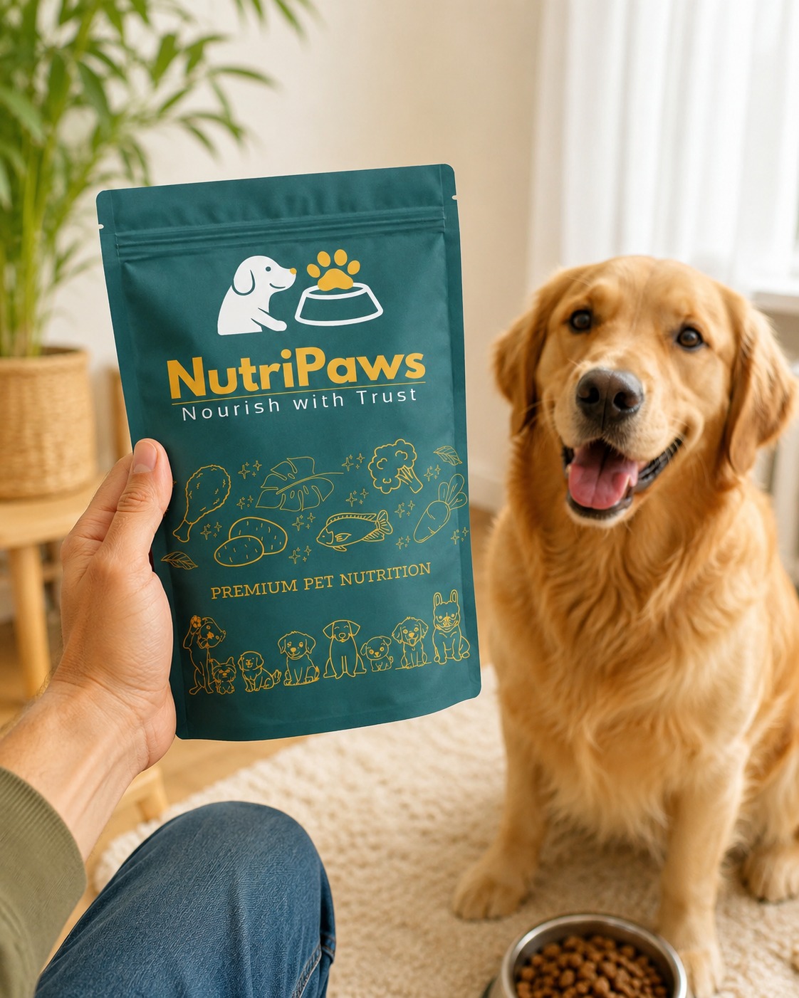 Happy golden retriever with NutriPaws pack